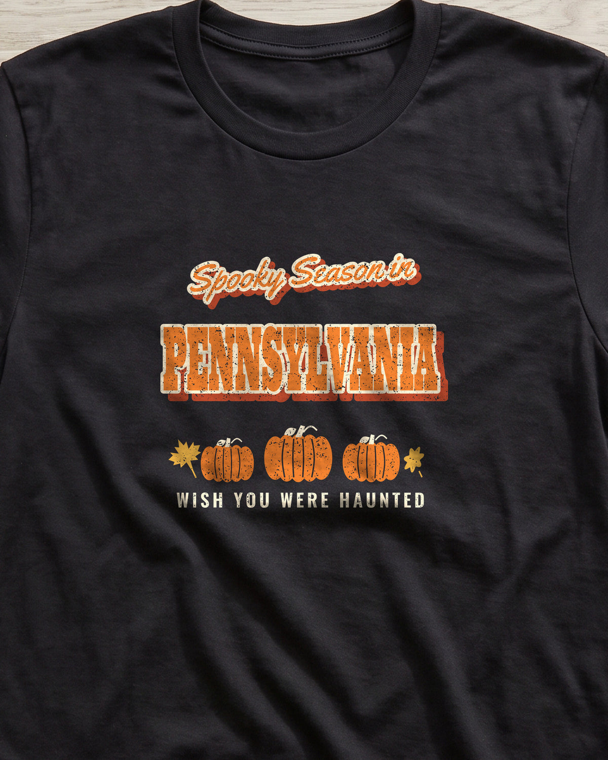 Spooky Season in Pennsylvania Vintage Postcard T-Shirt (close-up)