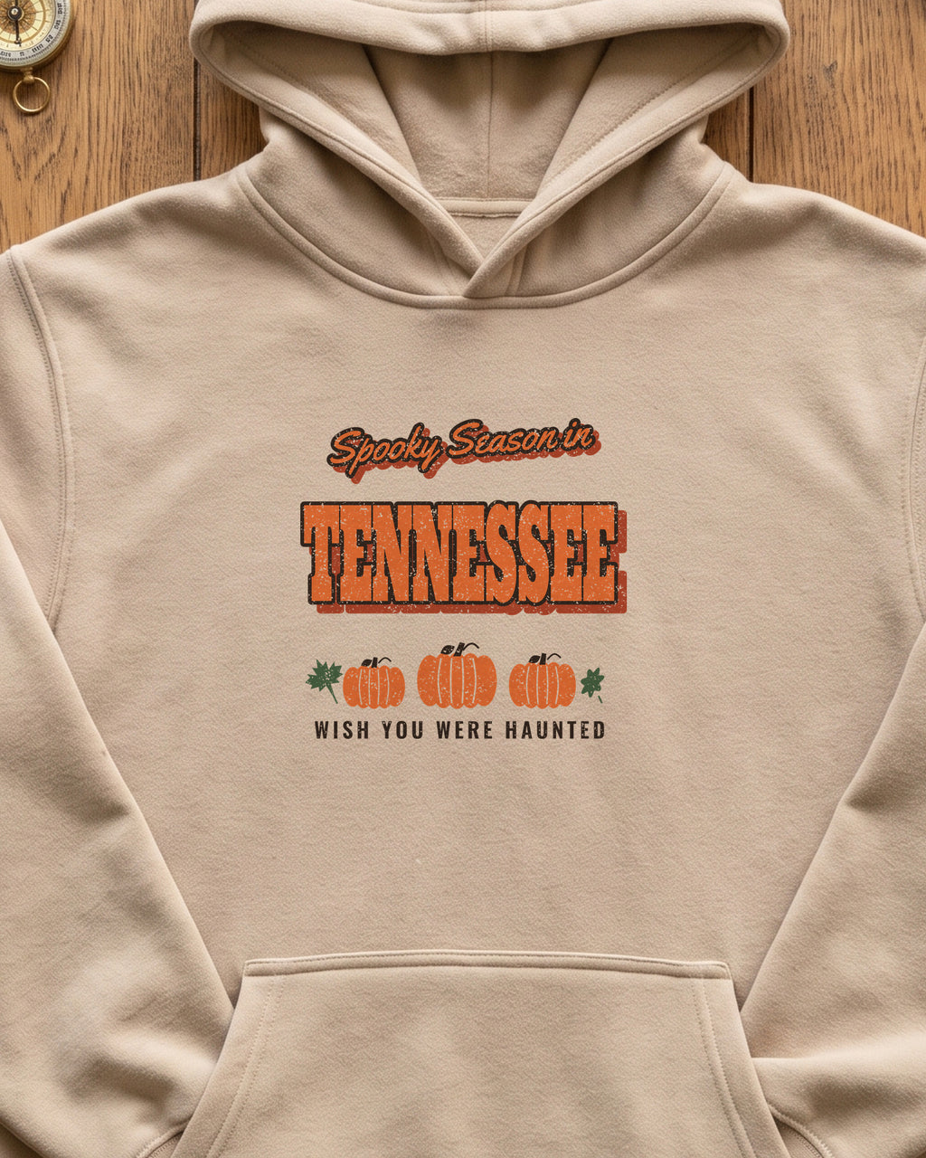 Spooky Season in Tennessee Vintage Postcard Hoodie (close-up)
