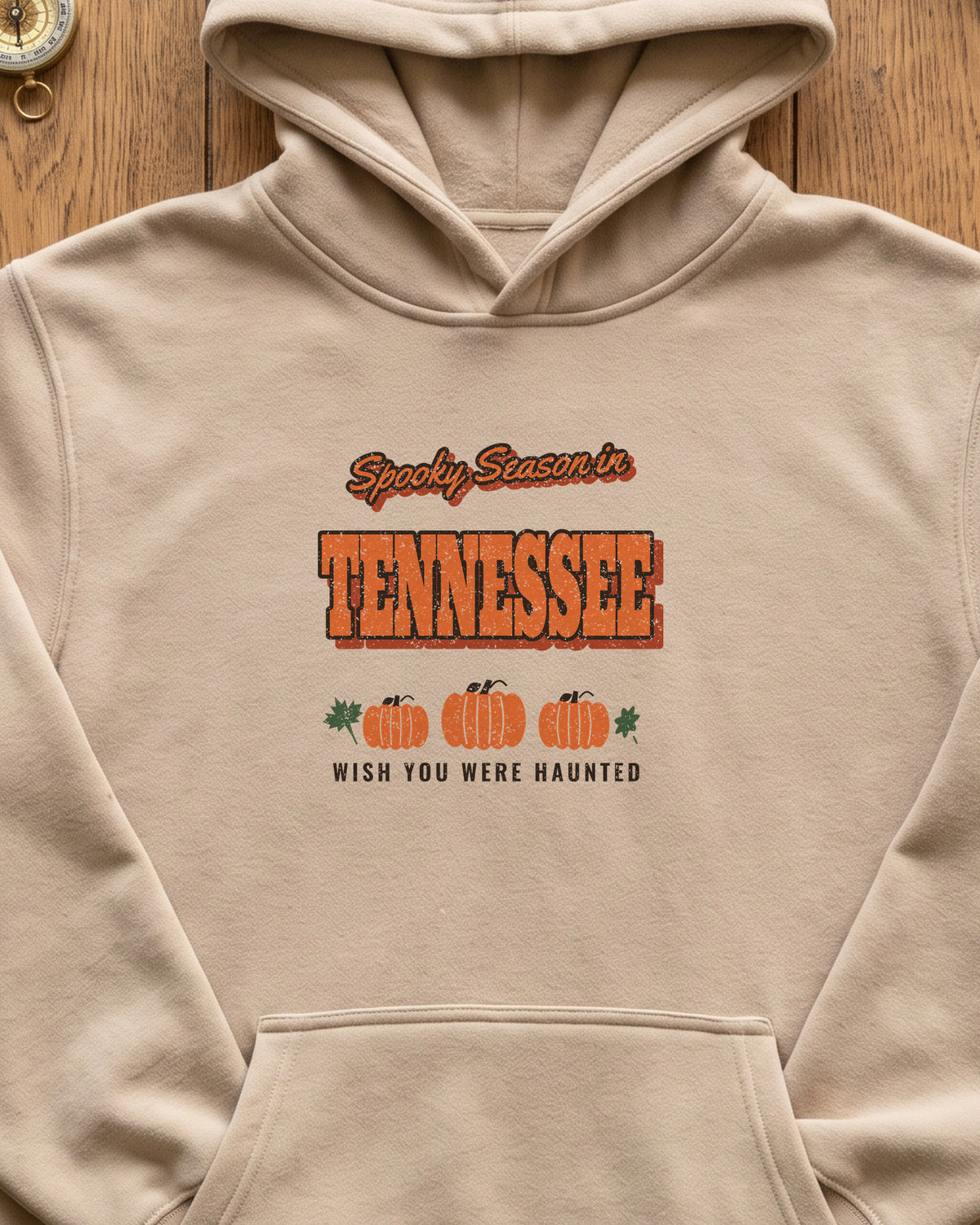 Spooky Season in Tennessee Vintage Postcard Hoodie (close-up)