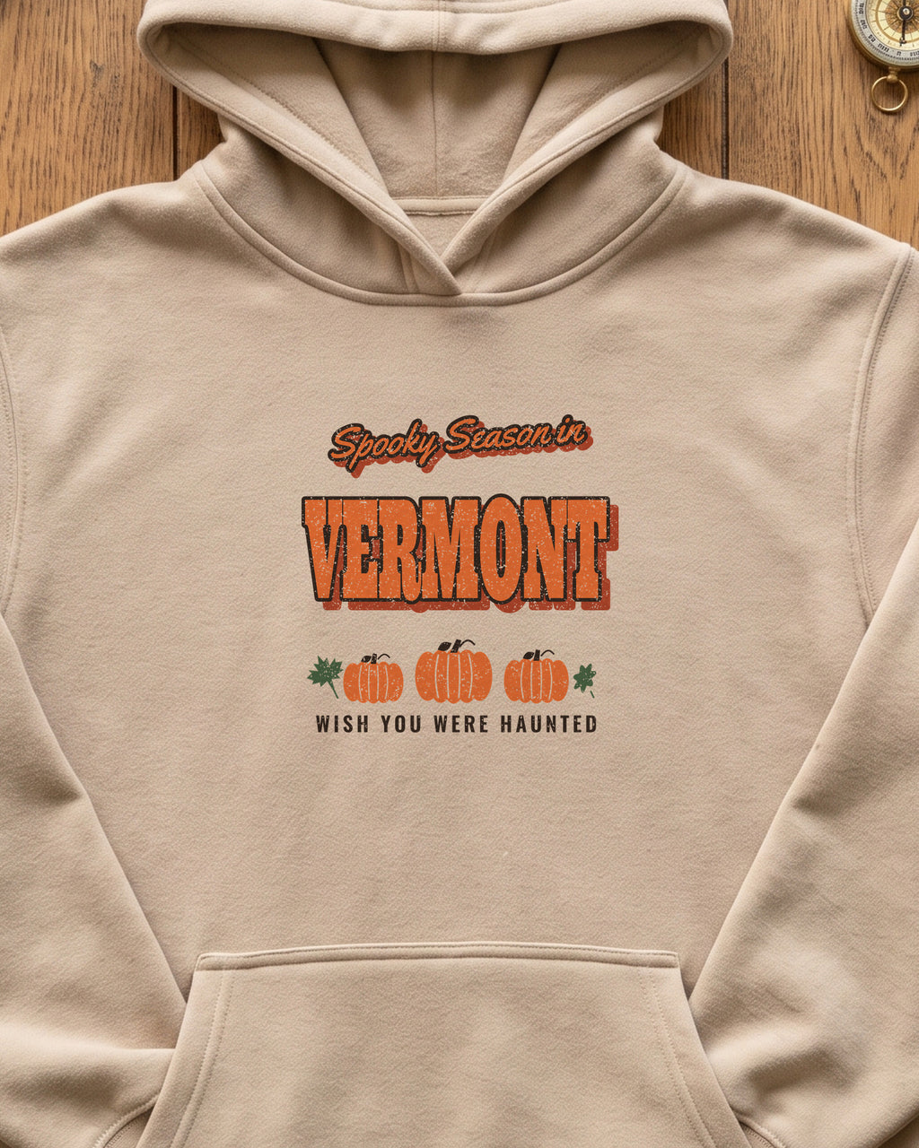 Spooky Season in Vermont Vintage Postcard Hoodie (close-up)
