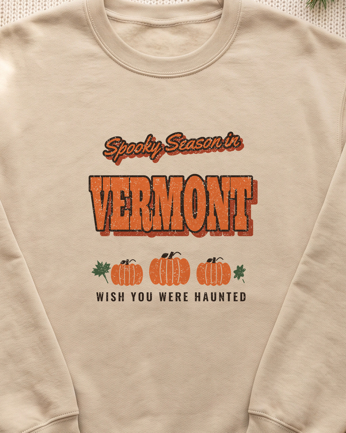 Spooky Season in Vermont Vintage Postcard Crewneck Sweatshirt (close-up)