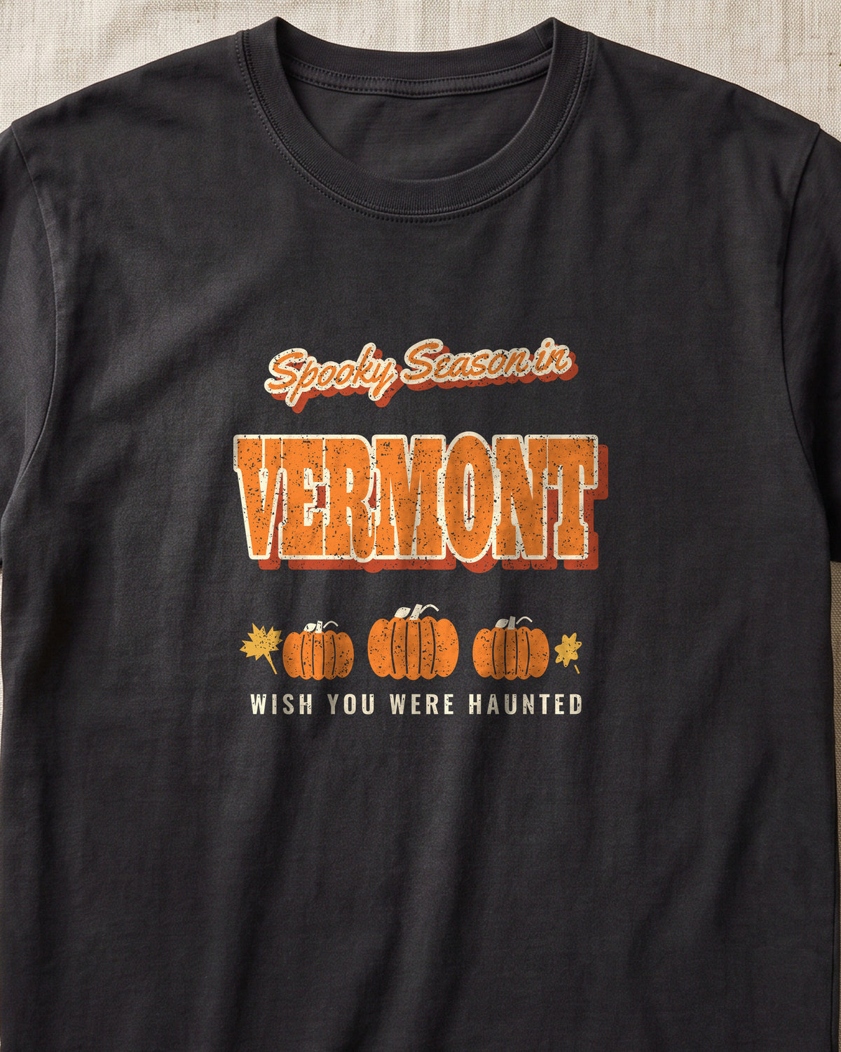 Spooky Season in Vermont Vintage Postcard T-Shirt (close-up)