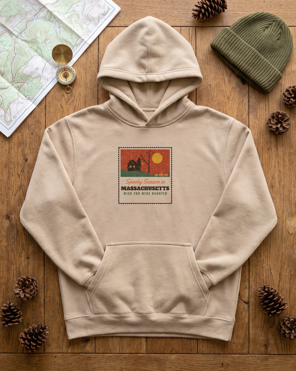 Spooky Season in Massachusetts Haunted Postcard Hoodie (photo)