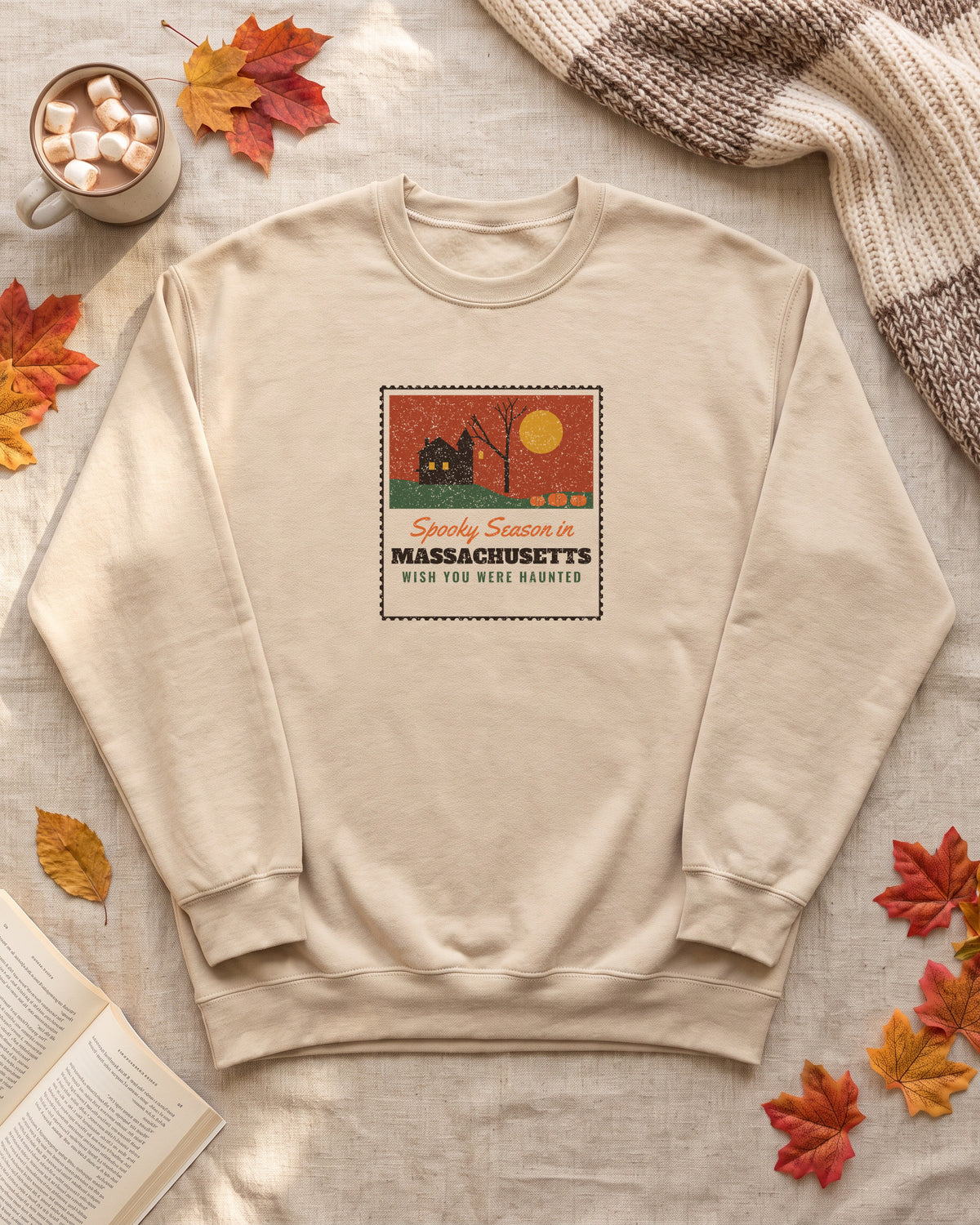 Spooky Season in Massachusetts Haunted Postcard Crewneck Sweatshirt (photo)