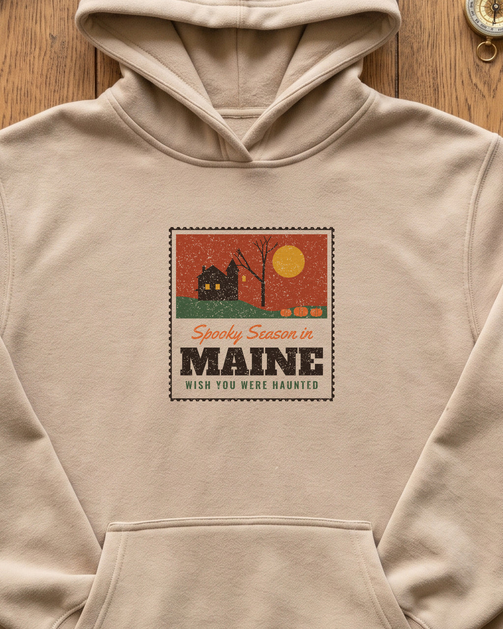 Spooky Season in Maine Haunted Postcard Hoodie (close-up)