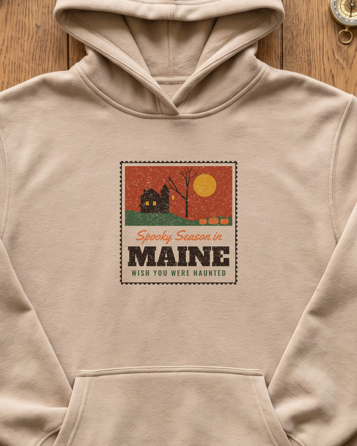 Spooky Season in Maine Haunted Postcard Hoodie (close-up)