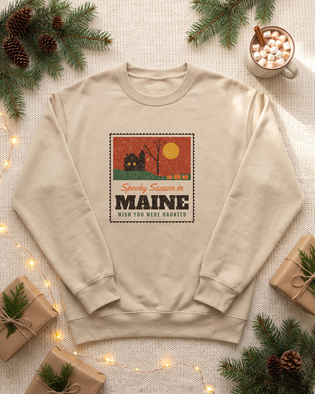 Spooky Season in Maine Haunted Postcard Crewneck Sweatshirt (photo)