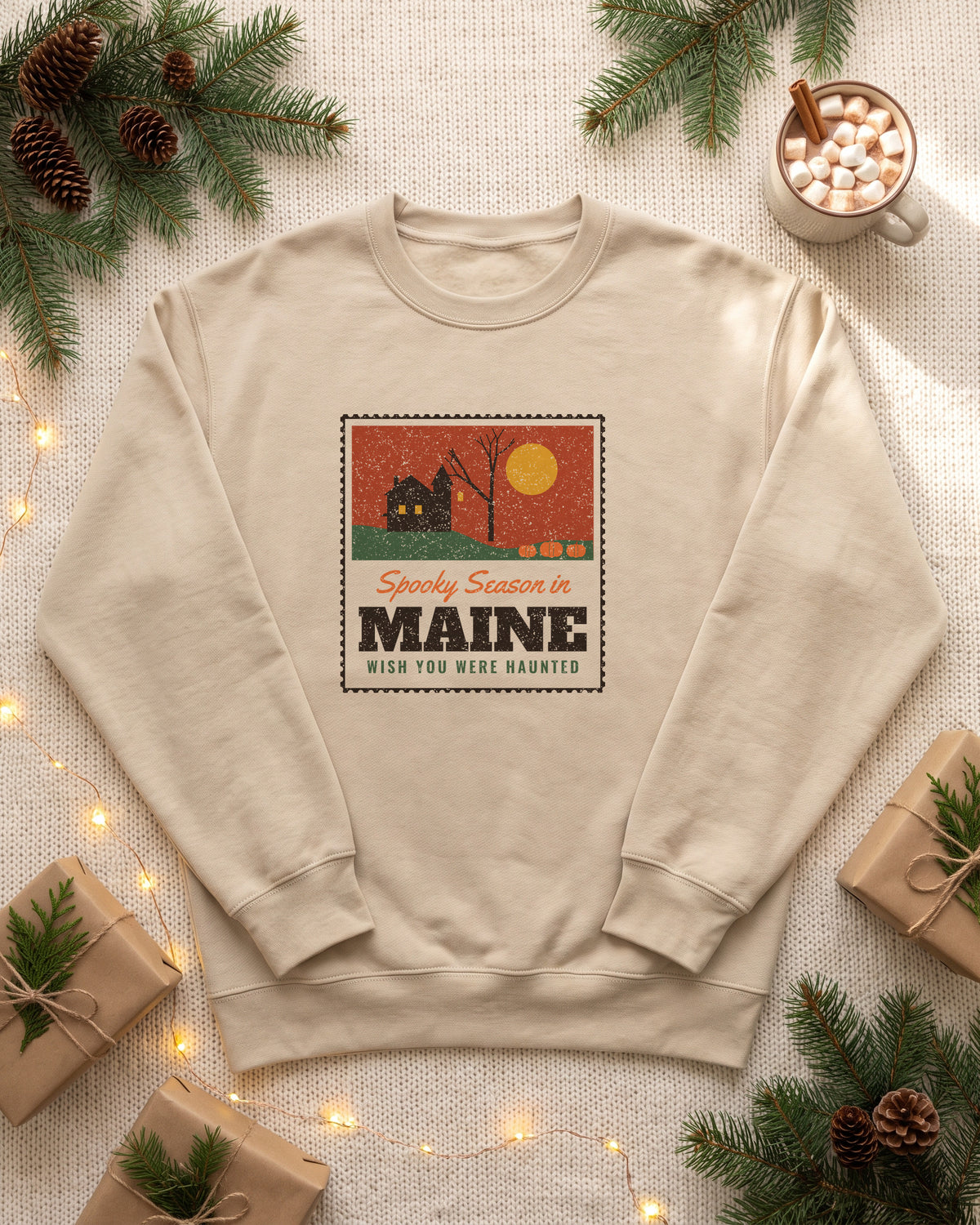 Spooky Season in Maine Haunted Postcard Crewneck Sweatshirt (photo)