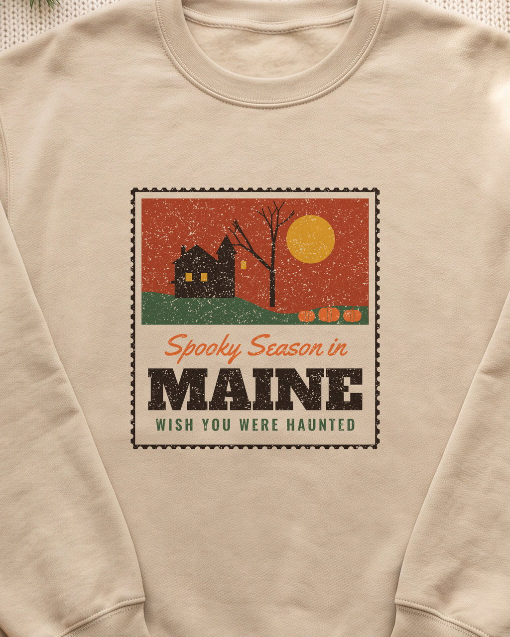 Spooky Season in Maine Haunted Postcard Crewneck Sweatshirt (close-up)