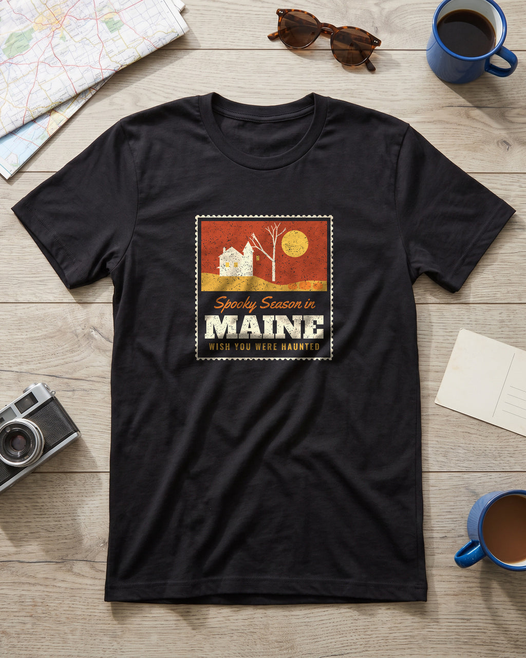 Spooky Season in Maine Haunted Postcard T-Shirt (photo)