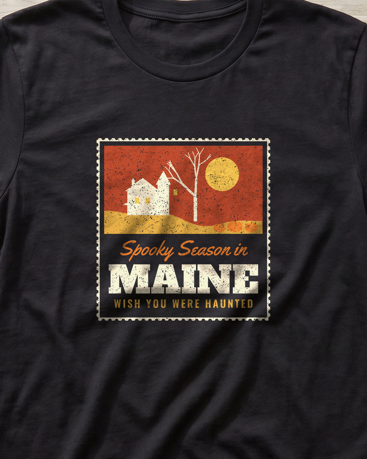 Spooky Season in Maine Haunted Postcard T-Shirt (close-up)