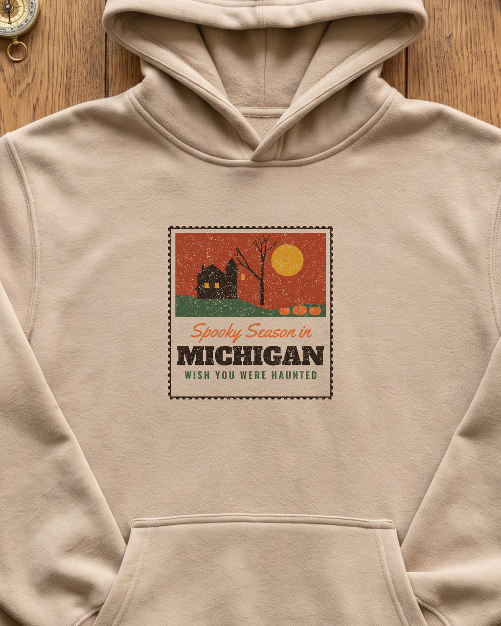 Spooky Season in Michigan Haunted Postcard Hoodie (close-up)
