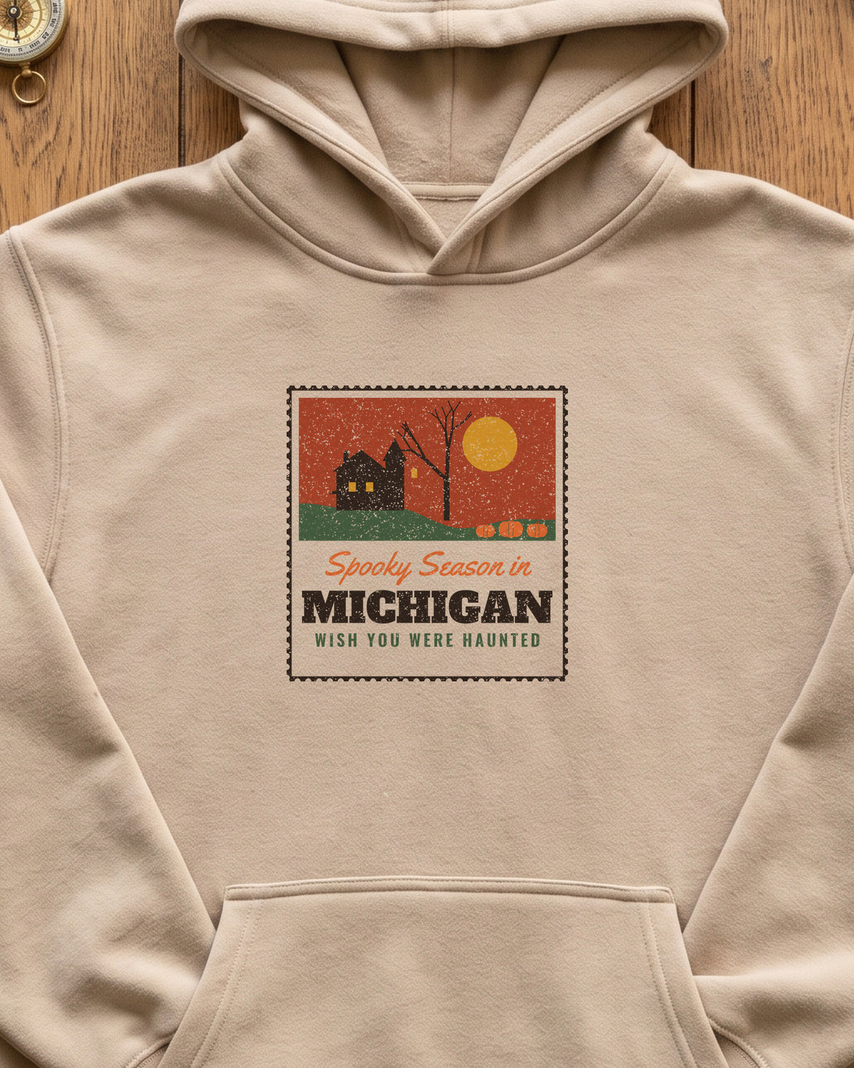 Spooky Season in Michigan Haunted Postcard Hoodie (close-up)