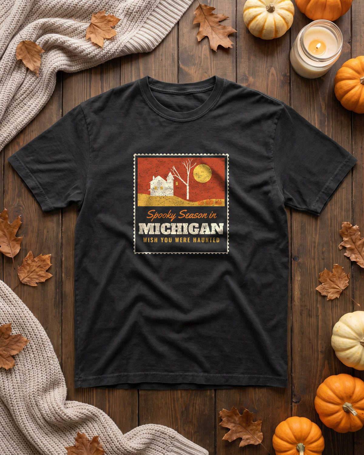 Spooky Season in Michigan Haunted Postcard T-Shirt (photo)