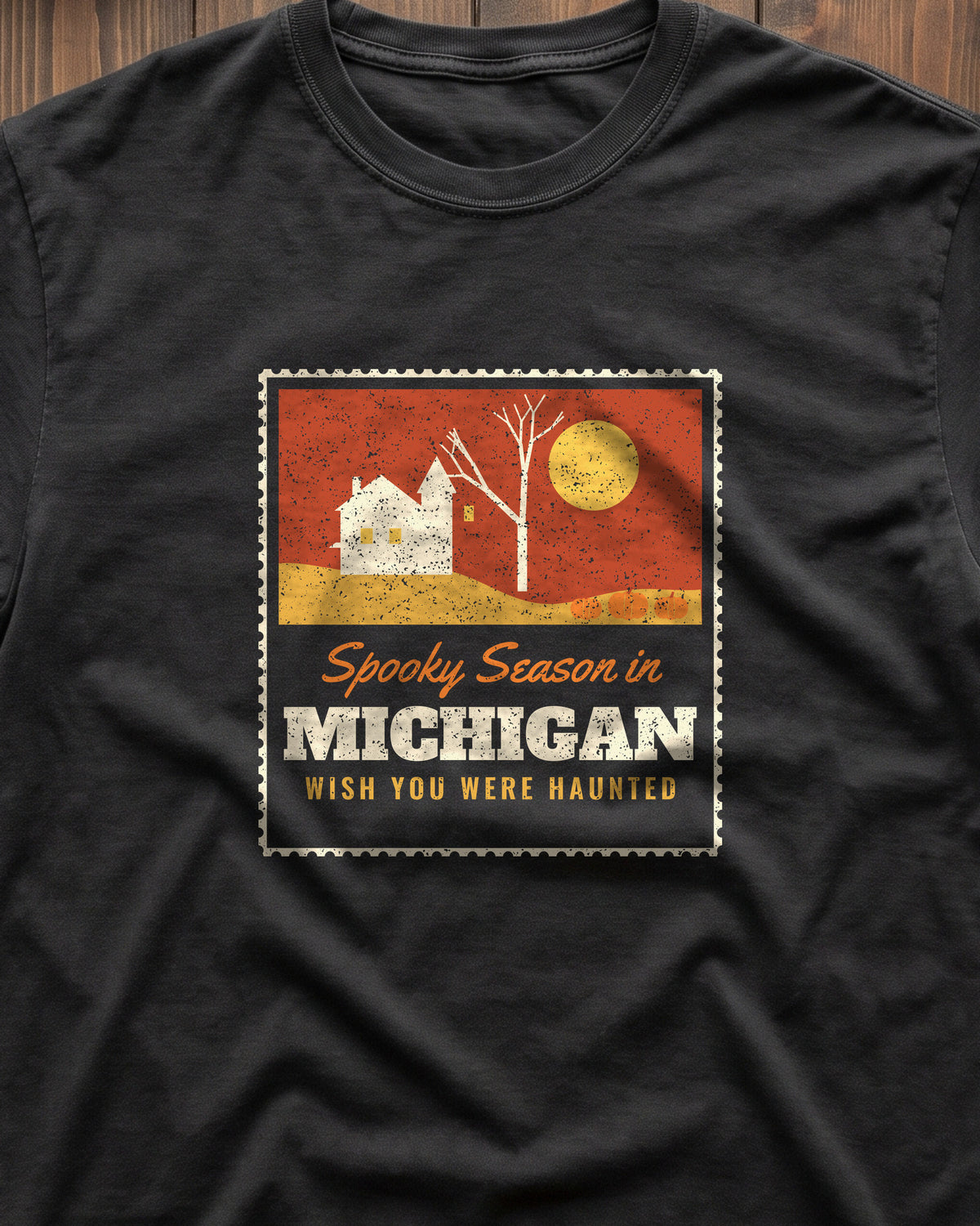 Spooky Season in Michigan Haunted Postcard T-Shirt (close-up)