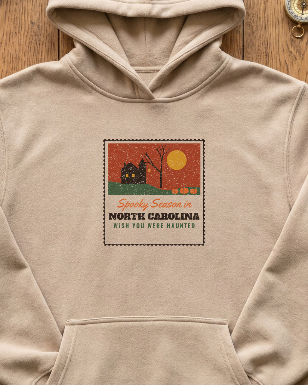 Spooky Season in North Carolina Haunted Postcard Hoodie (close-up)