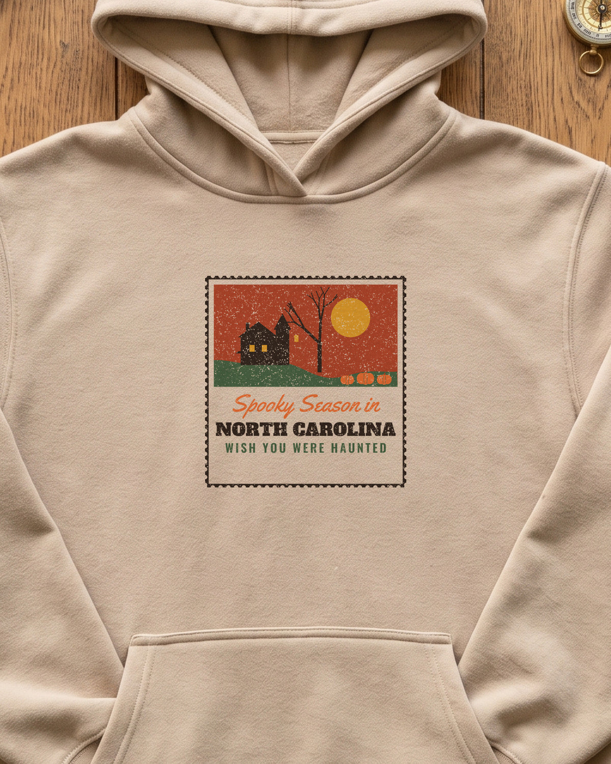Spooky Season in North Carolina Haunted Postcard Hoodie (close-up)