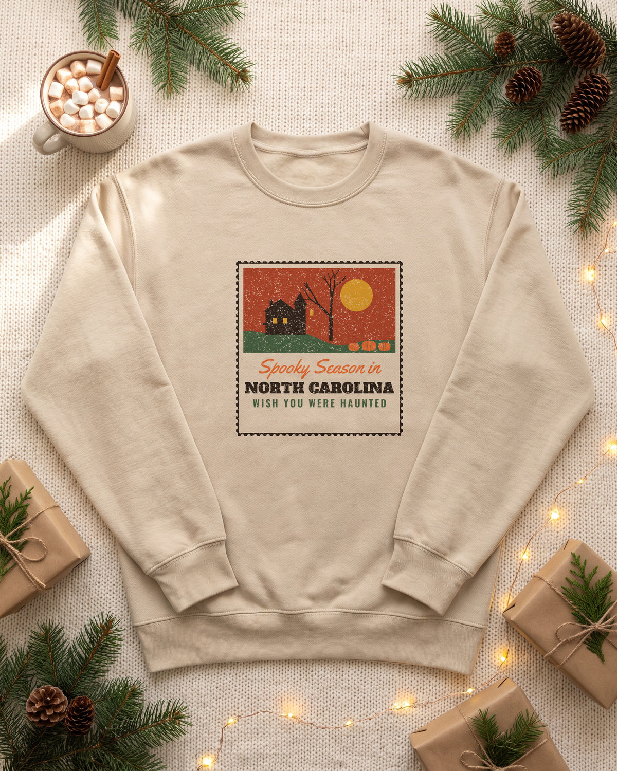 Spooky Season in North Carolina Haunted Postcard Crewneck Sweatshirt (photo)