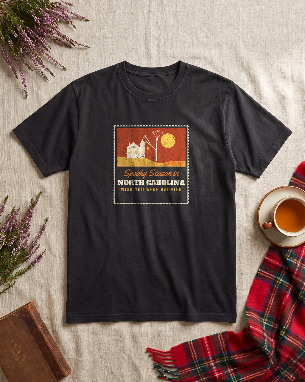 Spooky Season in North Carolina Haunted Postcard T-Shirt (photo)