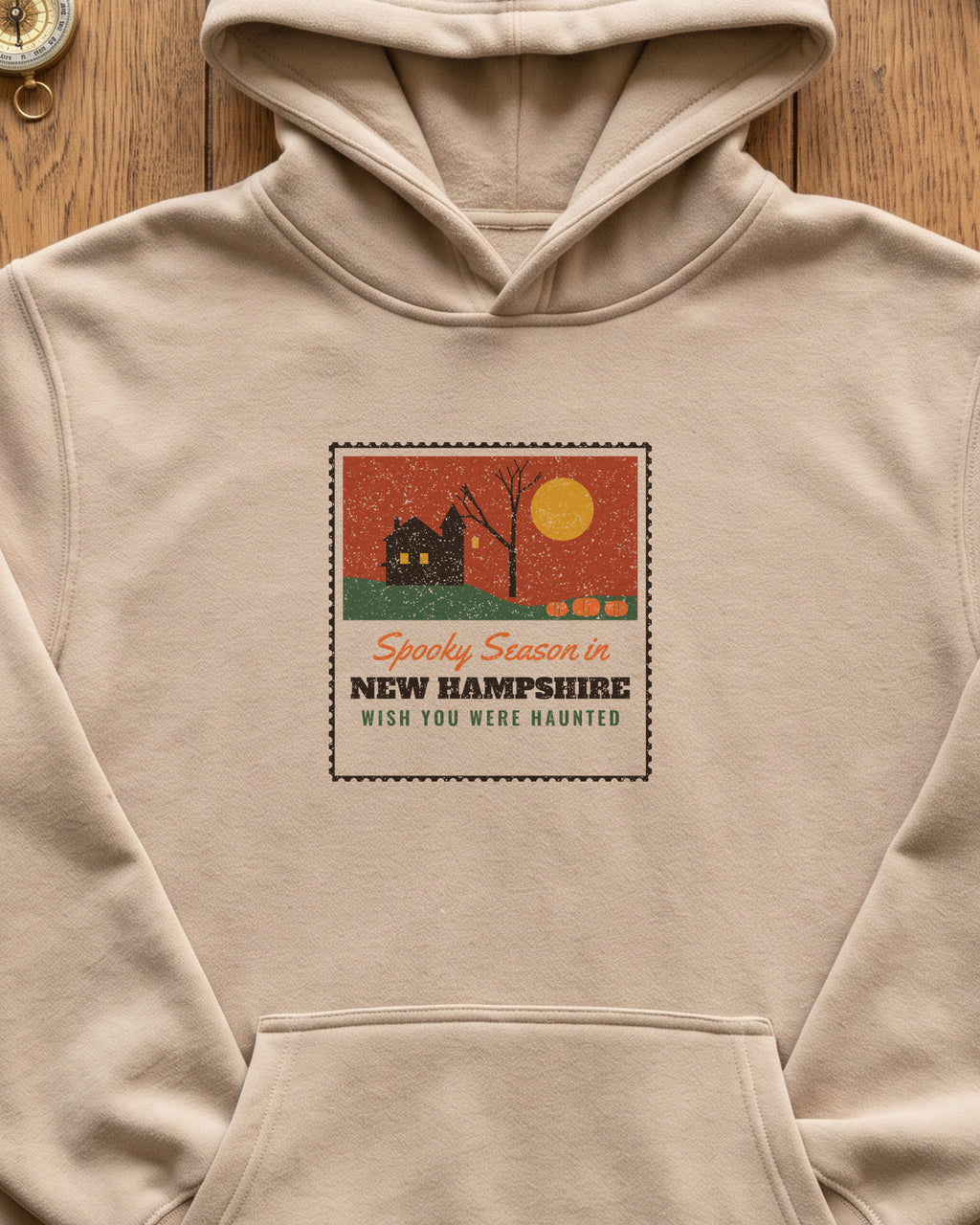 Spooky Season in New Hampshire Haunted Postcard Hoodie (close-up)