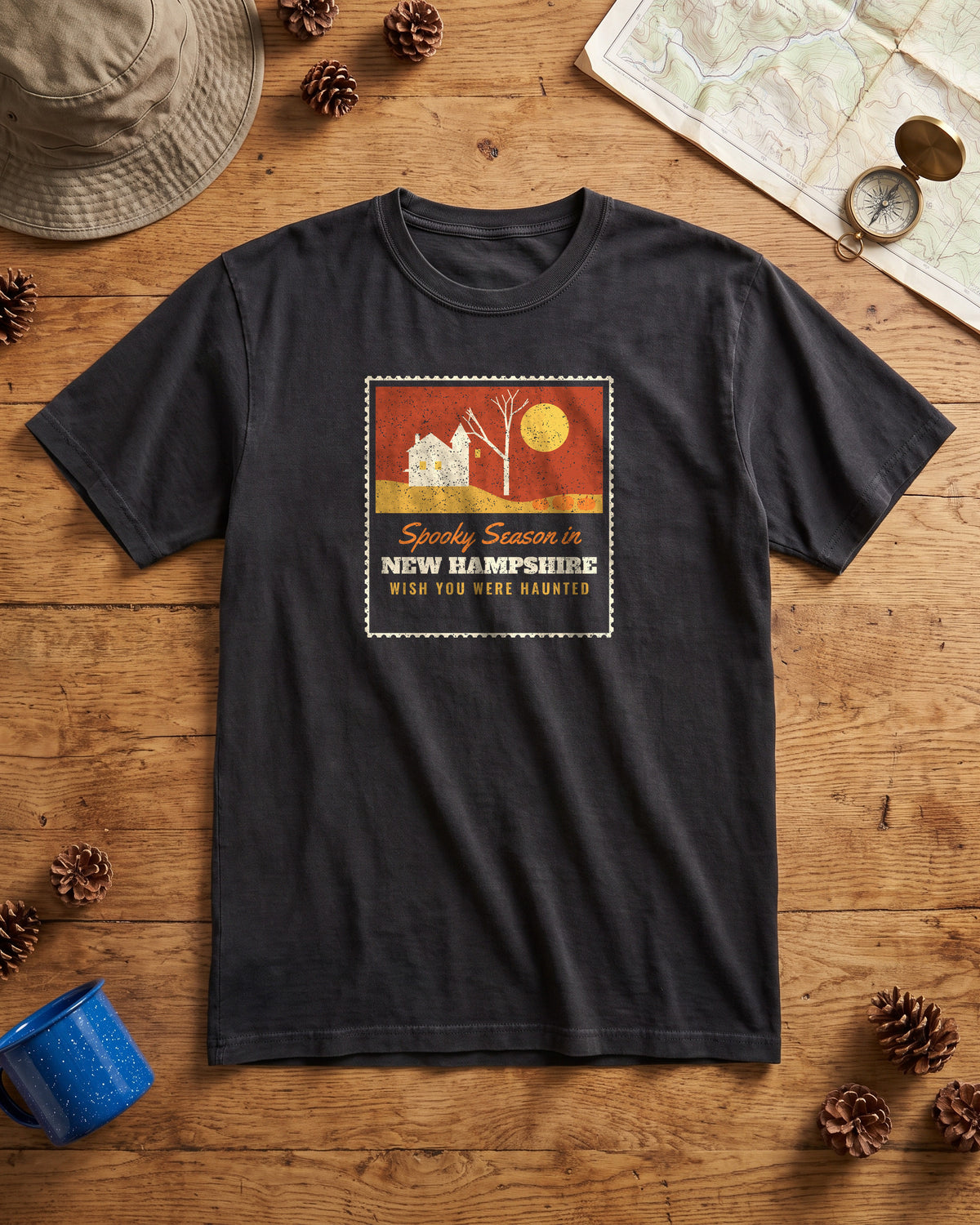 Spooky Season in New Hampshire Haunted Postcard T-Shirt (photo)