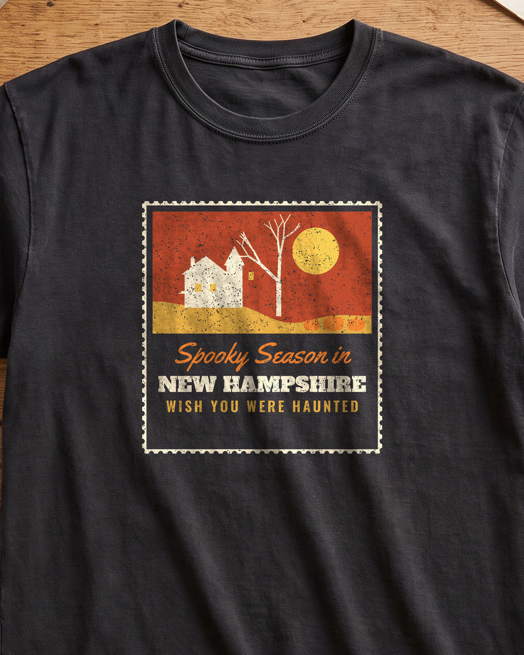 Spooky Season in New Hampshire Haunted Postcard T-Shirt (close-up)