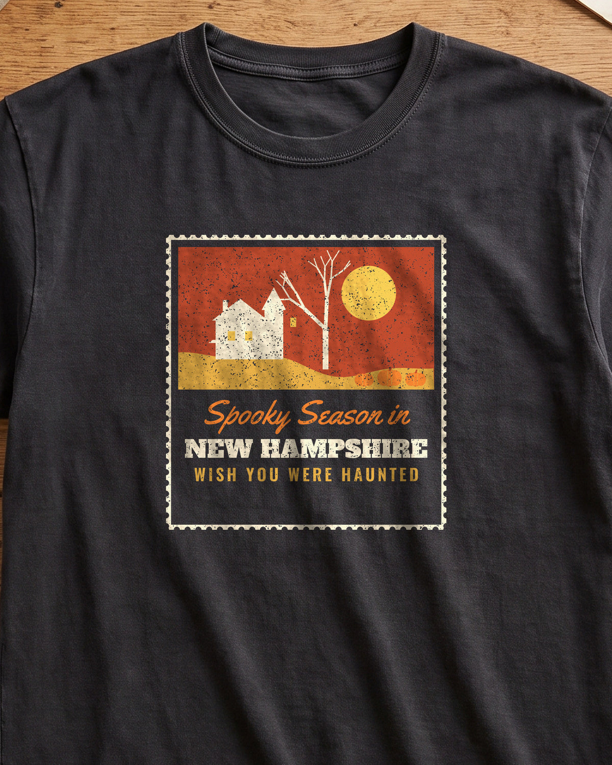 Spooky Season in New Hampshire Haunted Postcard T-Shirt (close-up)