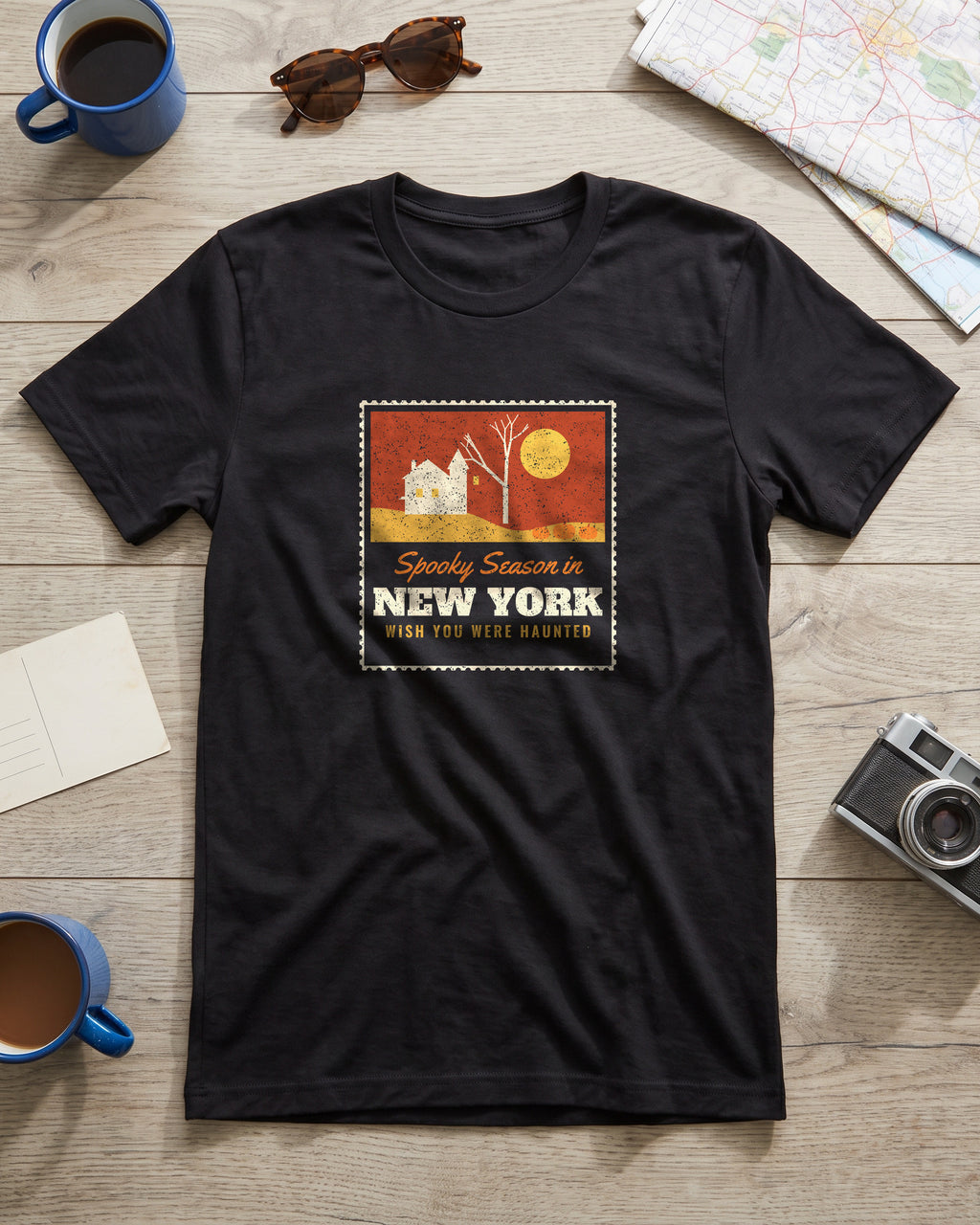 Spooky Season in New York Haunted Postcard T-Shirt (photo)