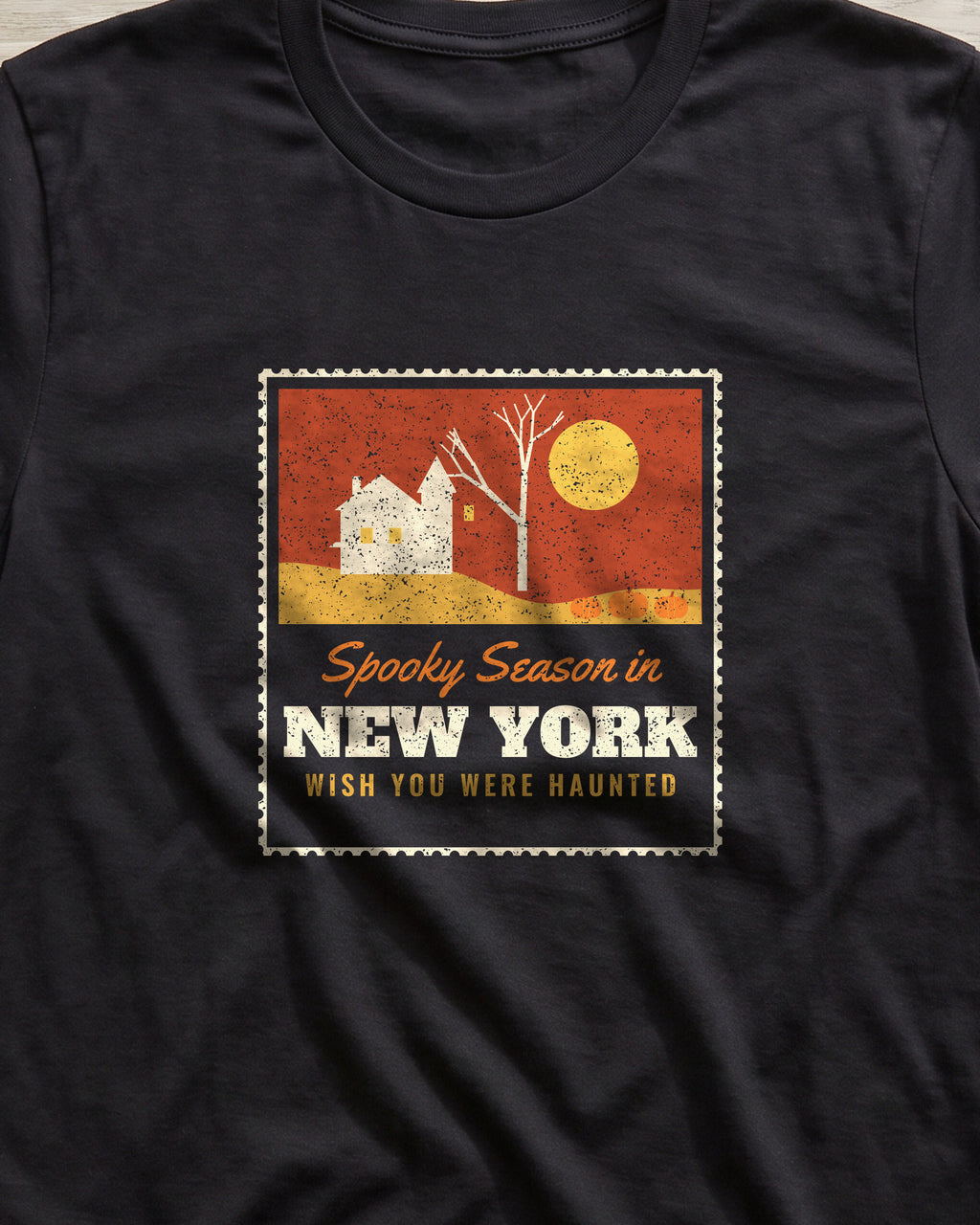 Spooky Season in New York Haunted Postcard T-Shirt (close-up)