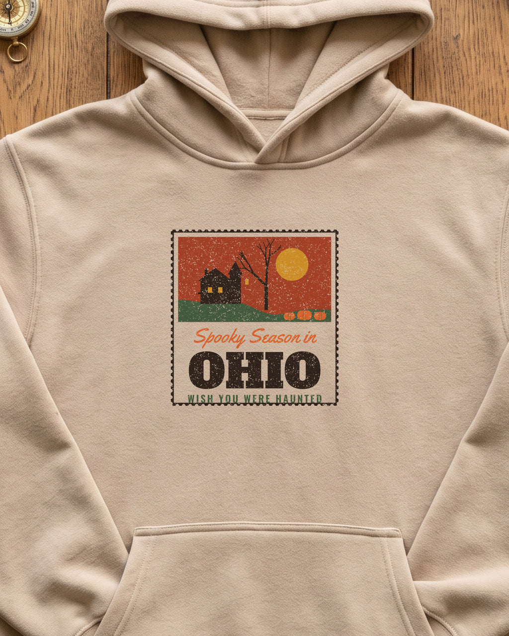 Spooky Season in Ohio Haunted Postcard Hoodie (close-up)