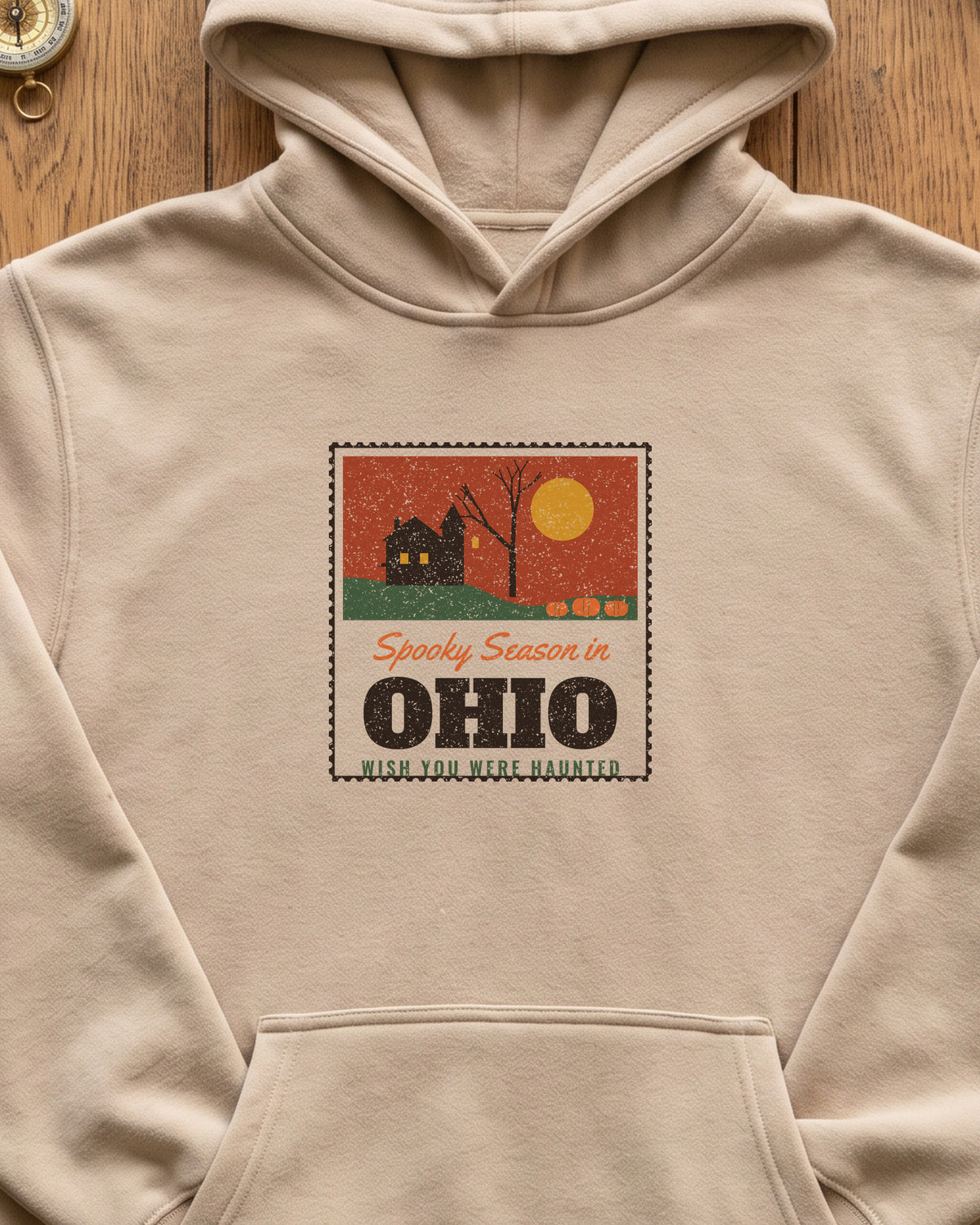 Spooky Season in Ohio Haunted Postcard Hoodie (close-up)