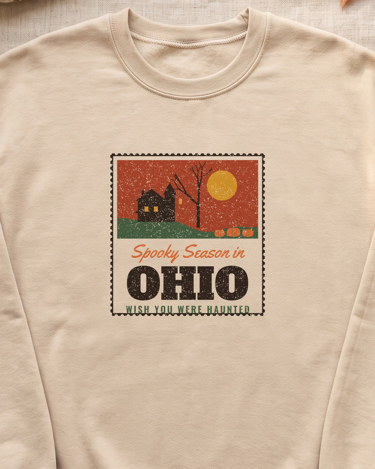 Spooky Season in Ohio Haunted Postcard Crewneck Sweatshirt (close-up)
