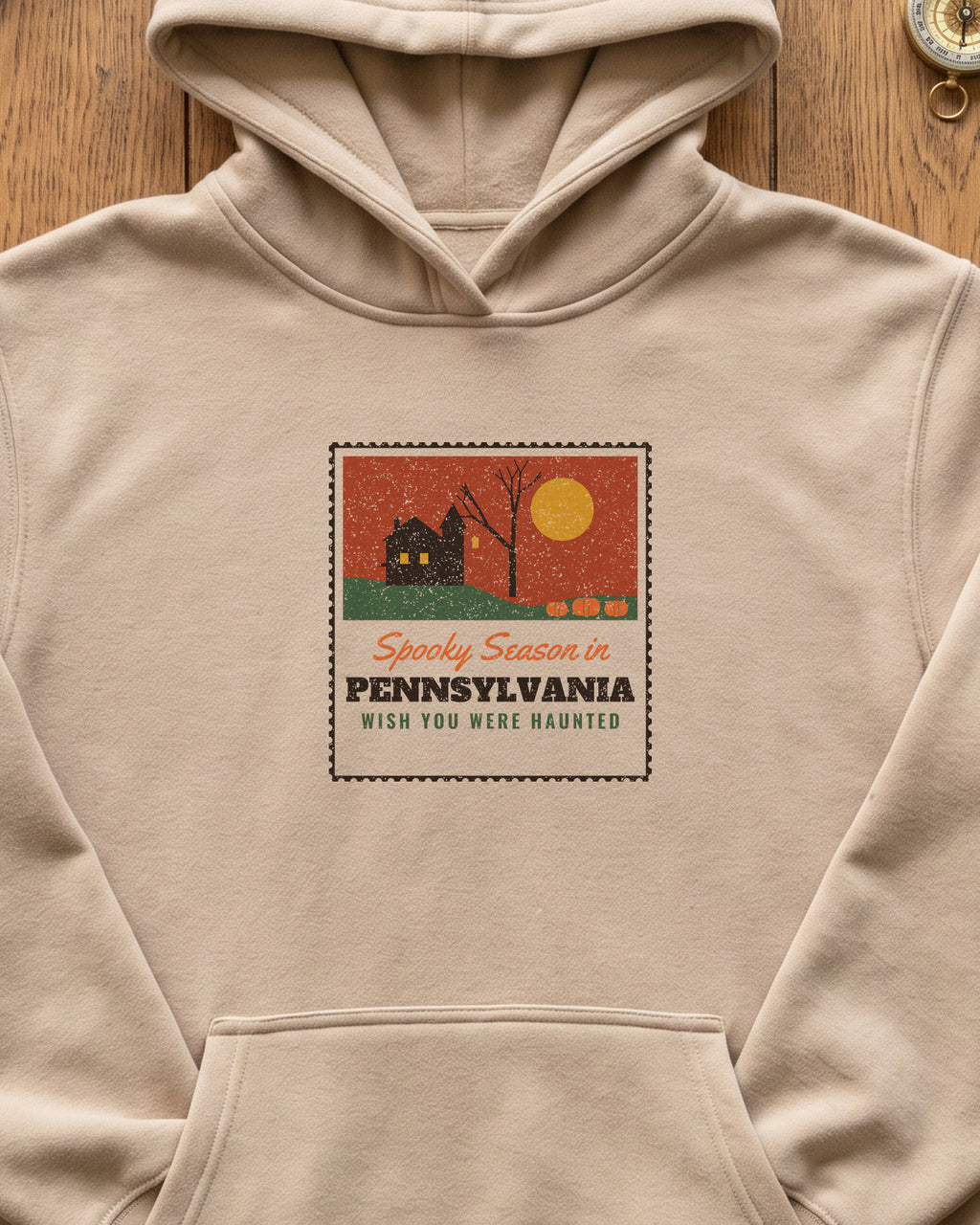 Spooky Season in Pennsylvania Haunted Postcard Hoodie (close-up)