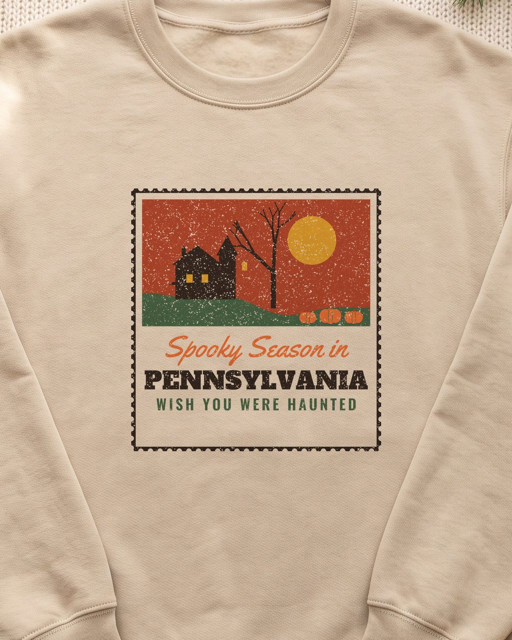 Spooky Season in Pennsylvania Haunted Postcard Crewneck Sweatshirt (close-up)