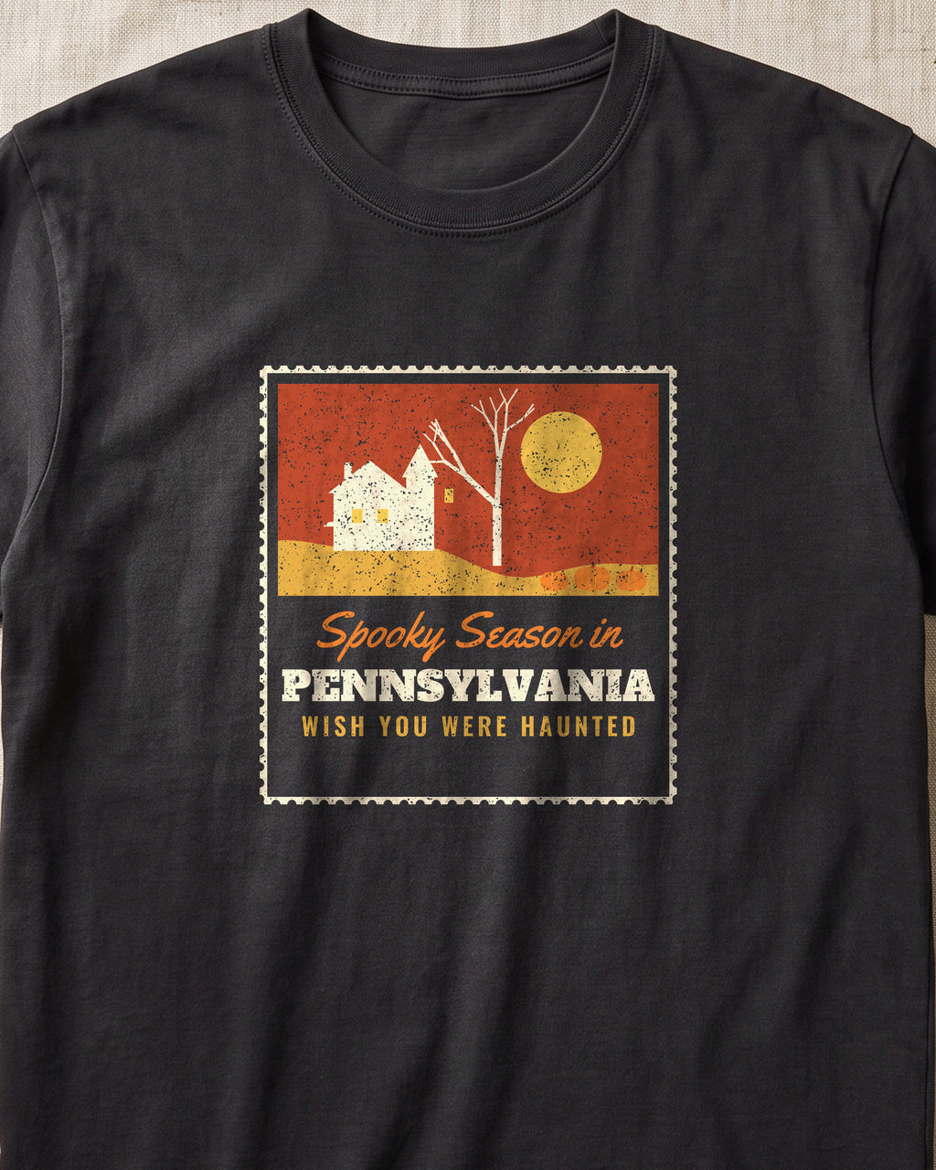 Spooky Season in Pennsylvania Haunted Postcard T-Shirt (close-up)