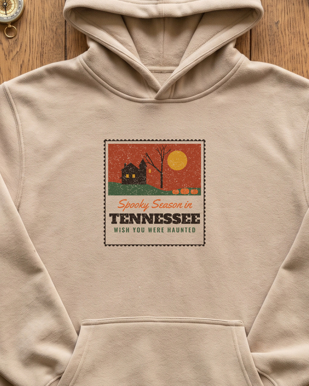Spooky Season in Tennessee Haunted Postcard Hoodie (close-up)