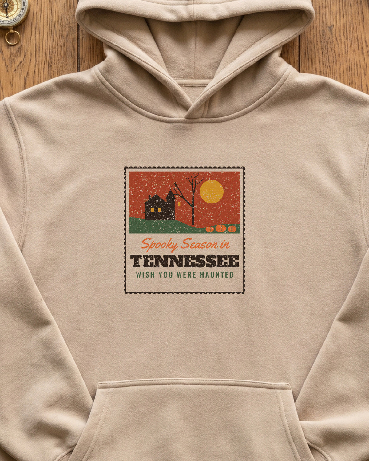 Spooky Season in Tennessee Haunted Postcard Hoodie (close-up)