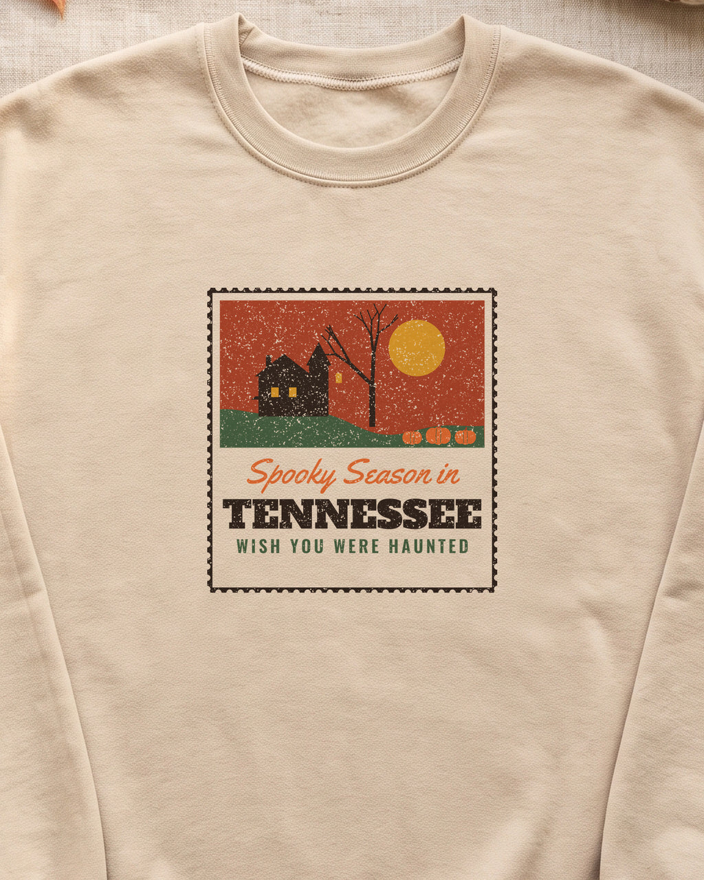 Spooky Season in Tennessee Haunted Postcard Crewneck Sweatshirt (close-up)