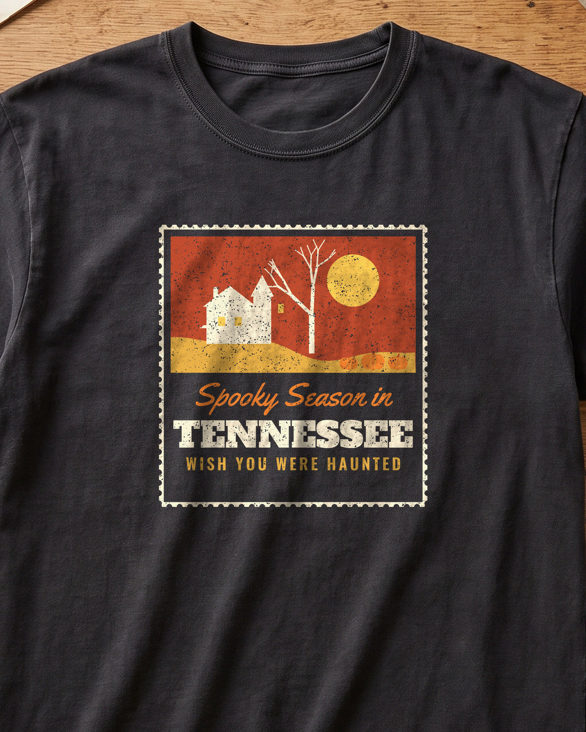 Spooky Season in Tennessee Haunted Postcard T-Shirt (close-up)