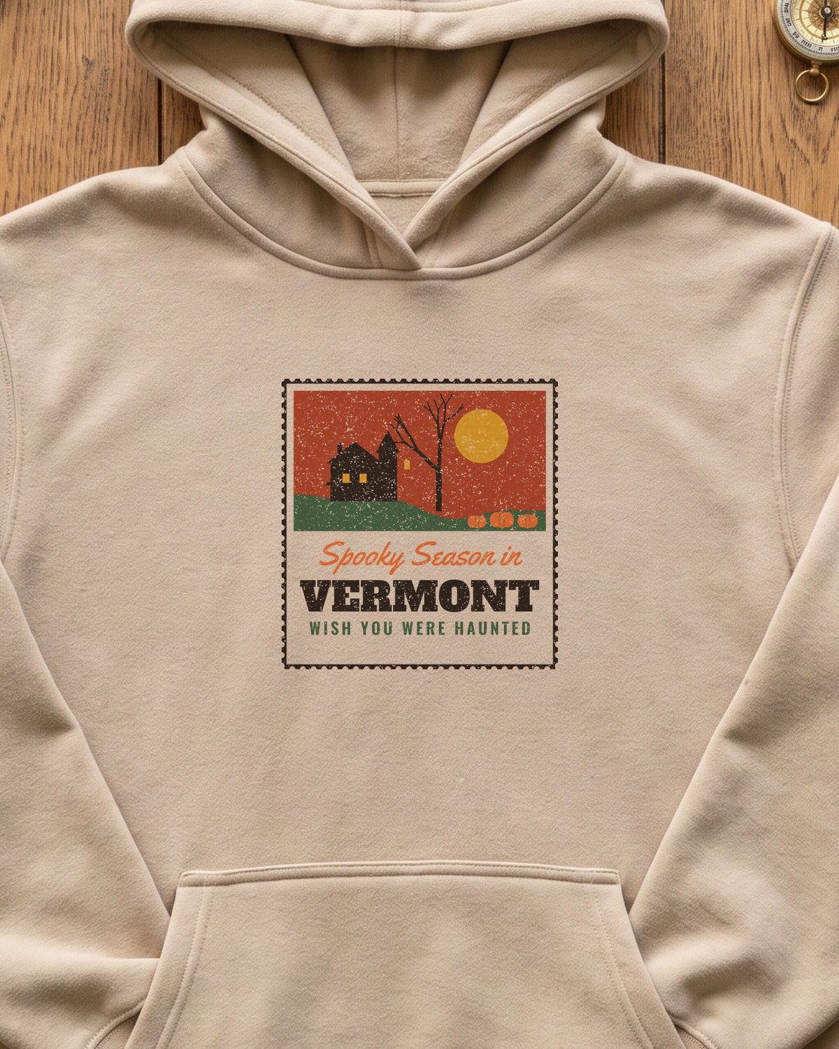 Spooky Season in Vermont Haunted Postcard Hoodie (close-up)