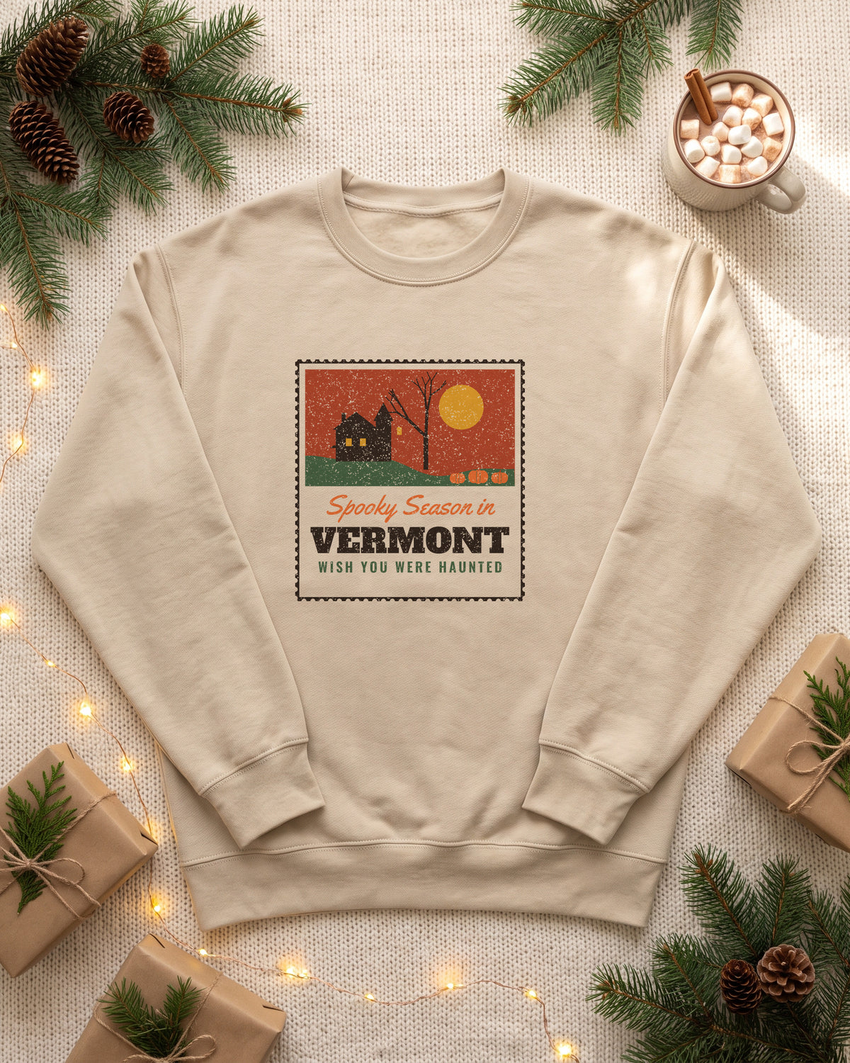 Spooky Season in Vermont Haunted Postcard Crewneck Sweatshirt (photo)