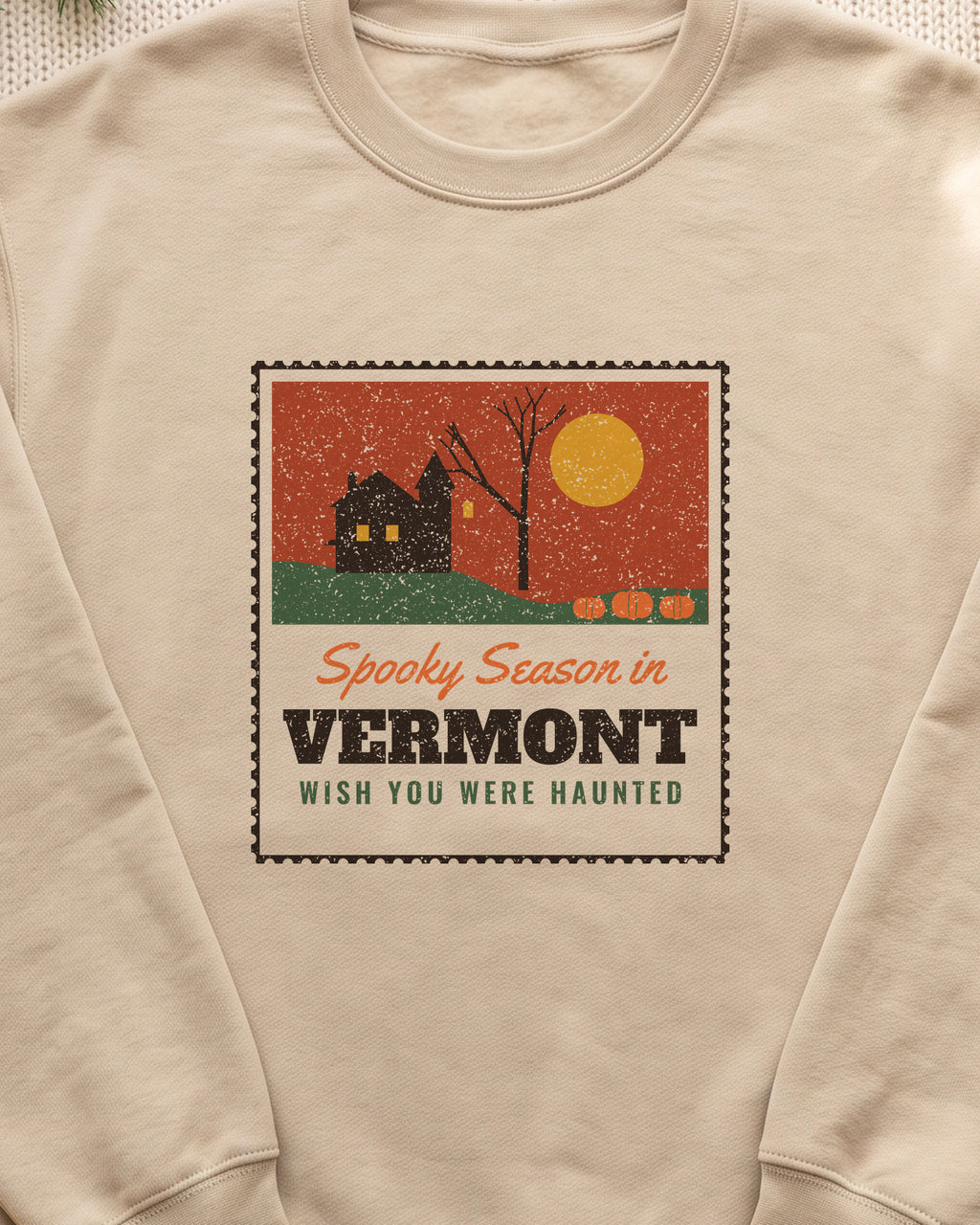 Spooky Season in Vermont Haunted Postcard Crewneck Sweatshirt (close-up)
