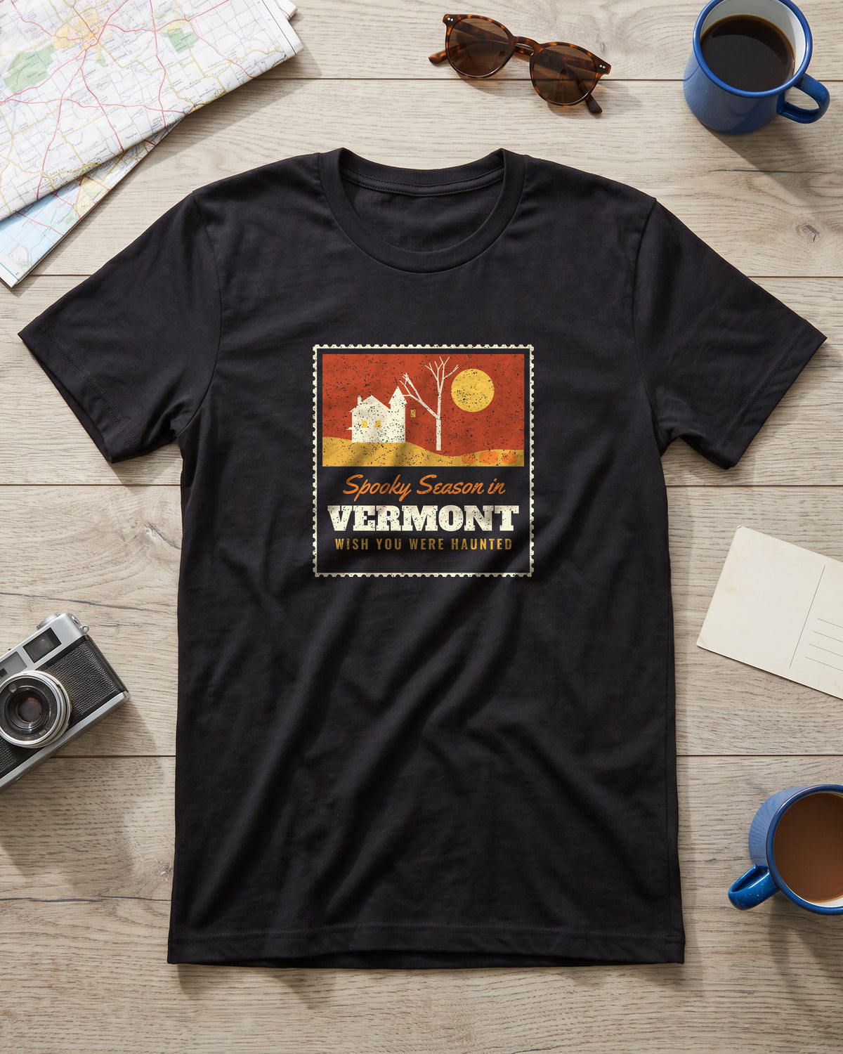 Spooky Season in Vermont Haunted Postcard T-Shirt (photo)