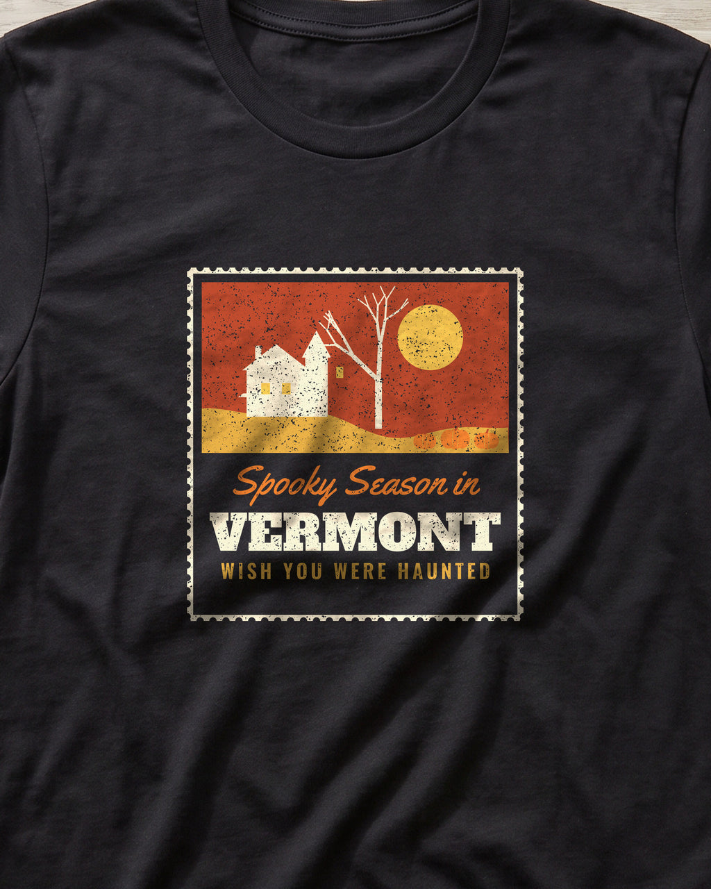 Spooky Season in Vermont Haunted Postcard T-Shirt (close-up)