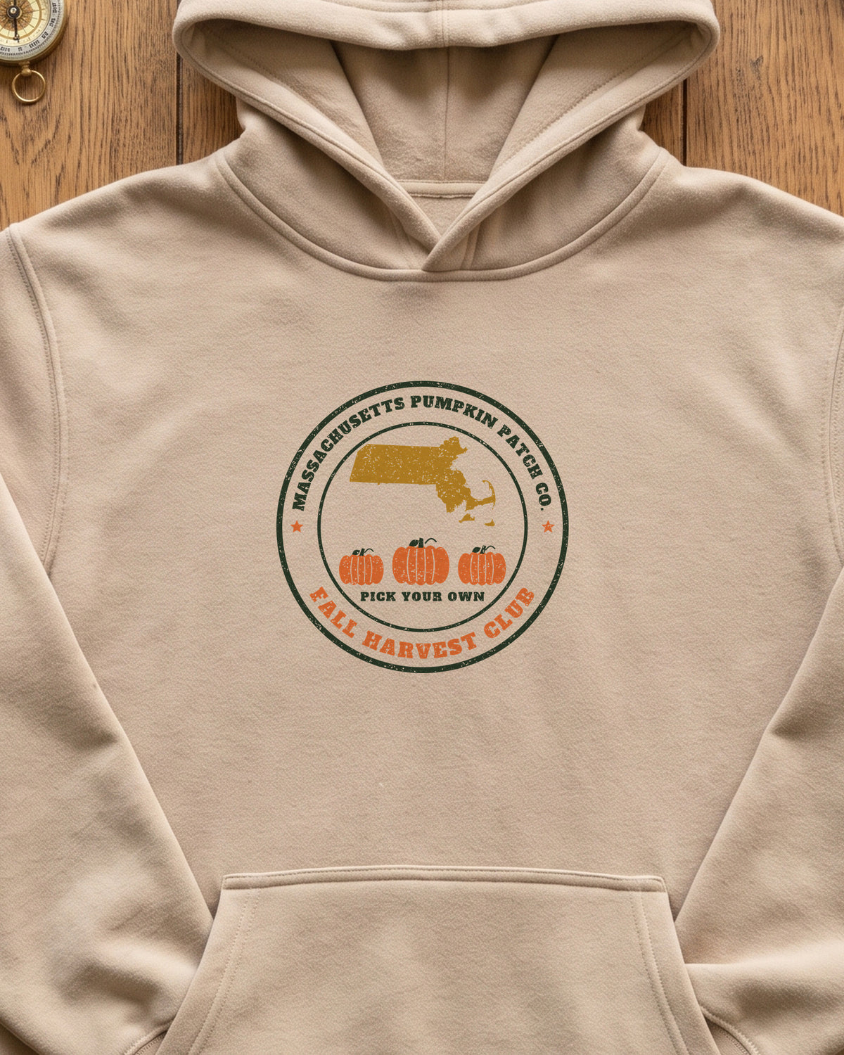 Massachusetts Pumpkin Patch Co. Badge Hoodie (close-up)