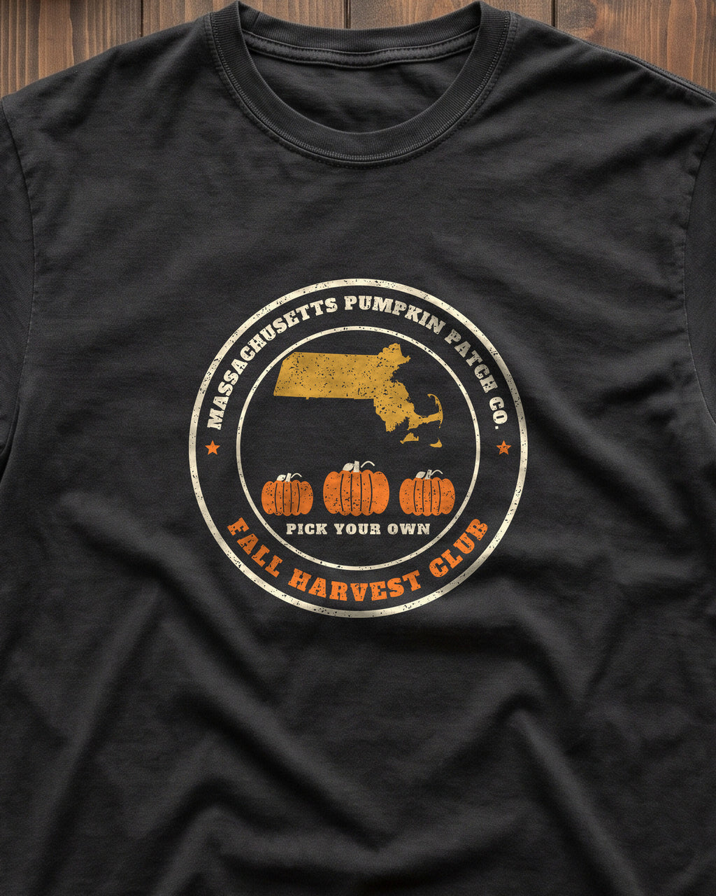 Massachusetts Pumpkin Patch Co. Badge T-Shirt (close-up)