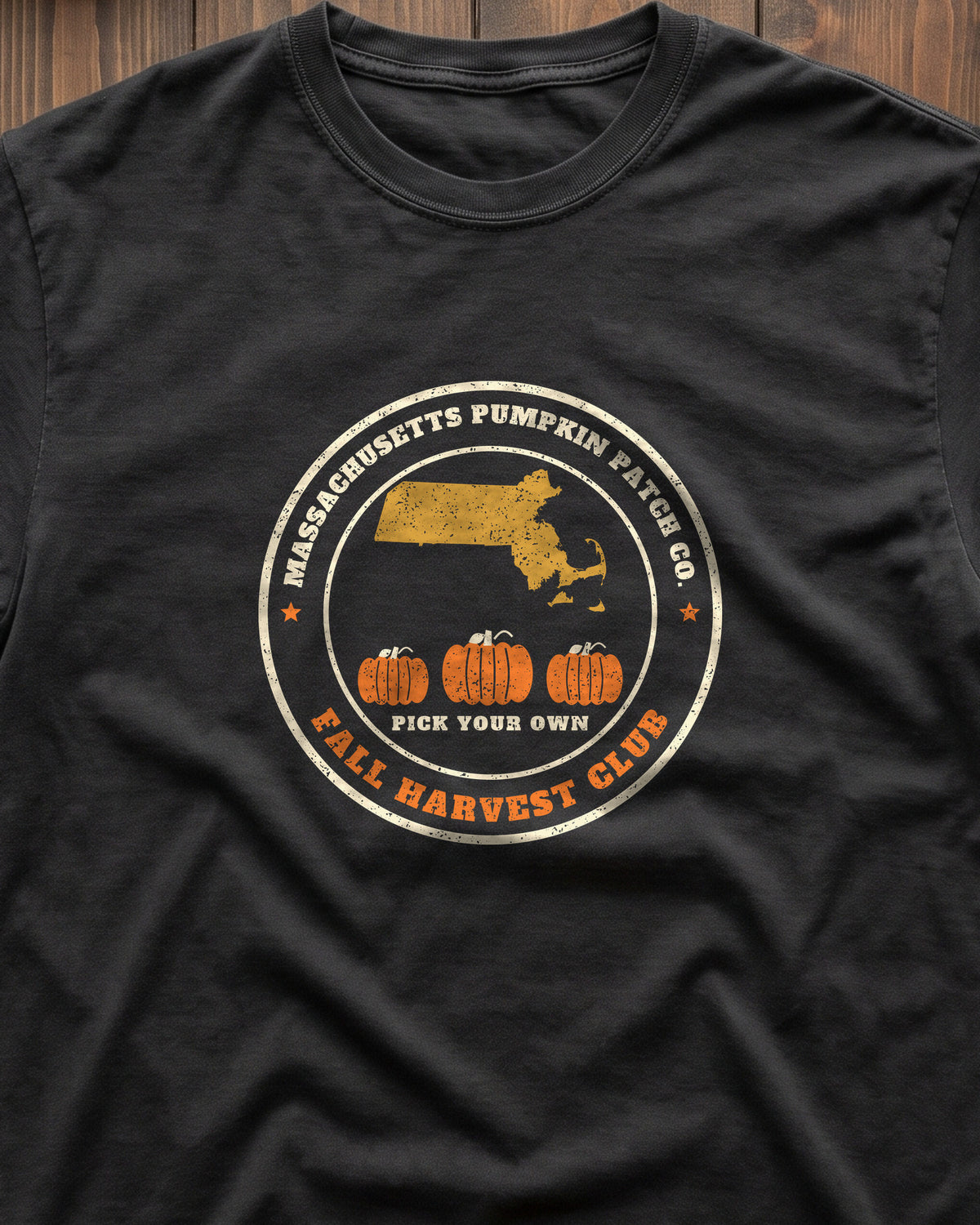 Massachusetts Pumpkin Patch Co. Badge T-Shirt (close-up)