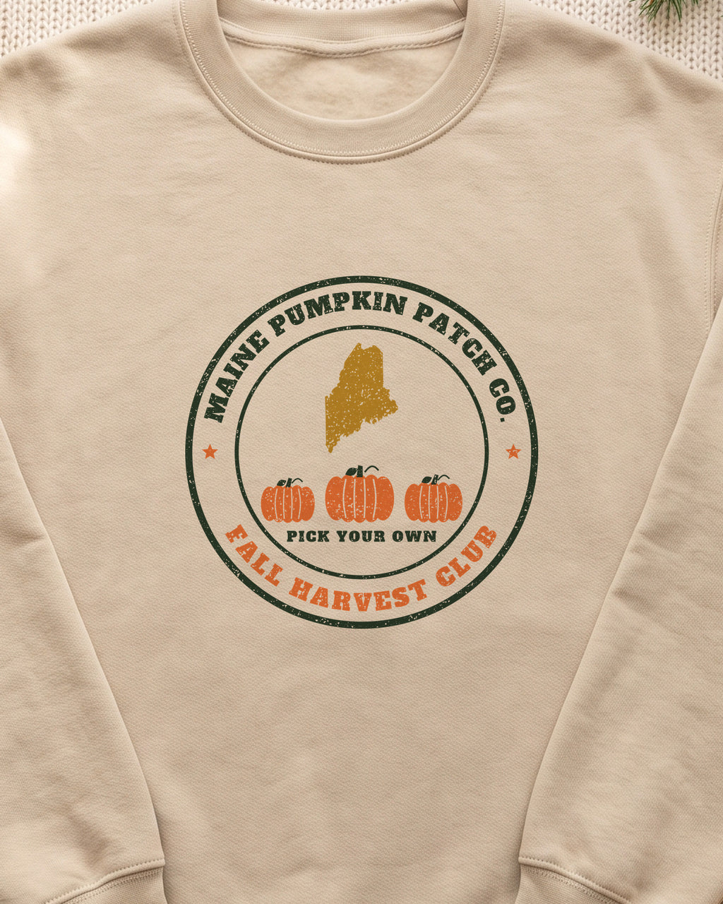 Maine Pumpkin Patch Co. Badge Crewneck Sweatshirt (close-up)