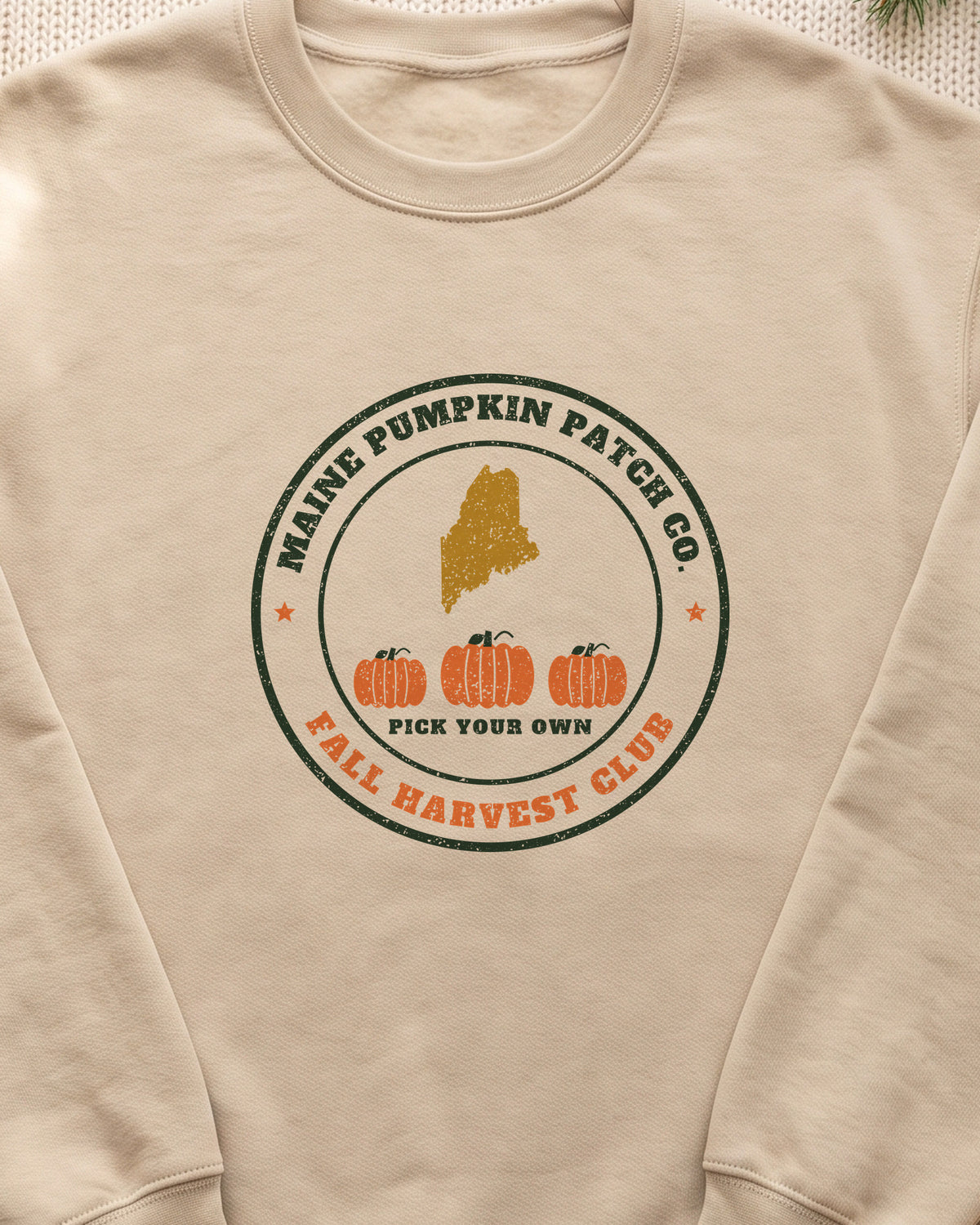 Maine Pumpkin Patch Co. Badge Crewneck Sweatshirt (close-up)
