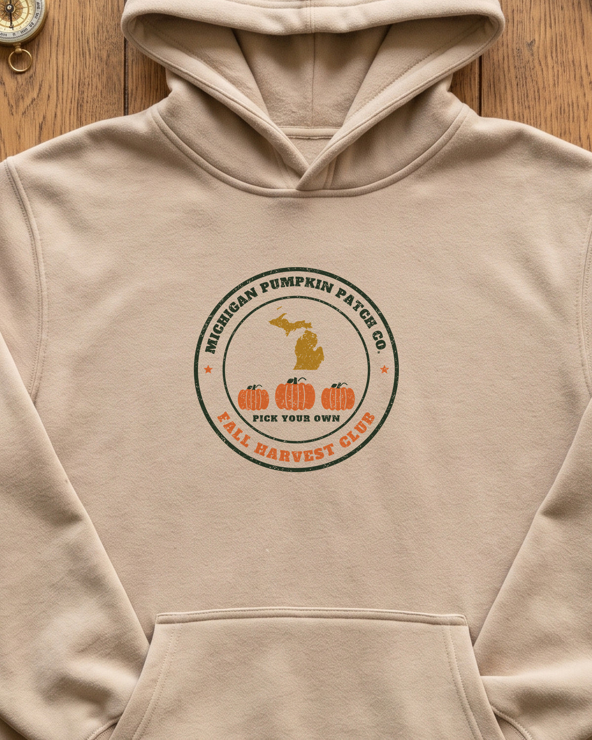 Michigan Pumpkin Patch Co. Badge Hoodie (close-up)